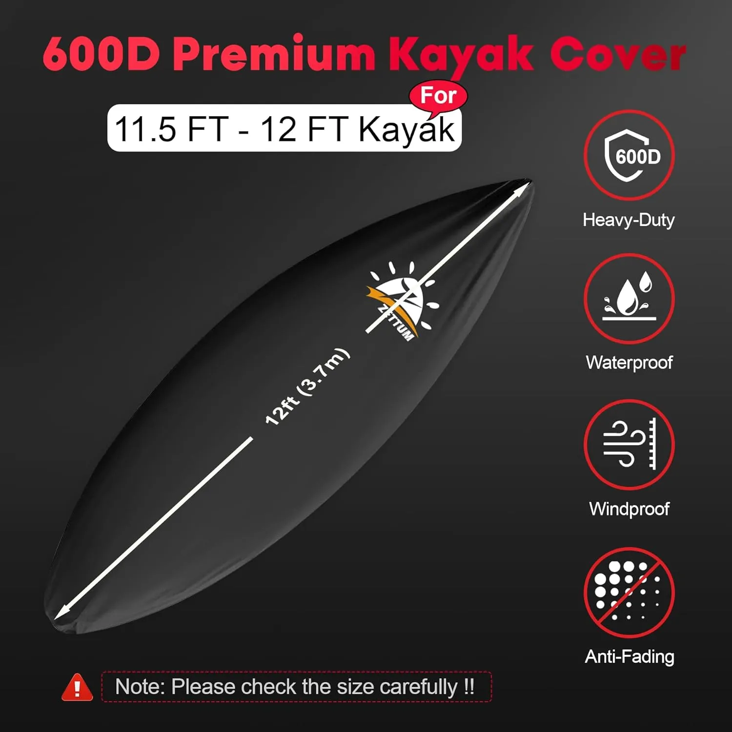 Kayak Cover 12 FT - 600D Canoe Cover for Outdoor Storage, Heavy Duty & Waterproof, Fade-Resistant Kayak Accessory for Canoe, Paddle Board, SUP, Boat, and Kayaks