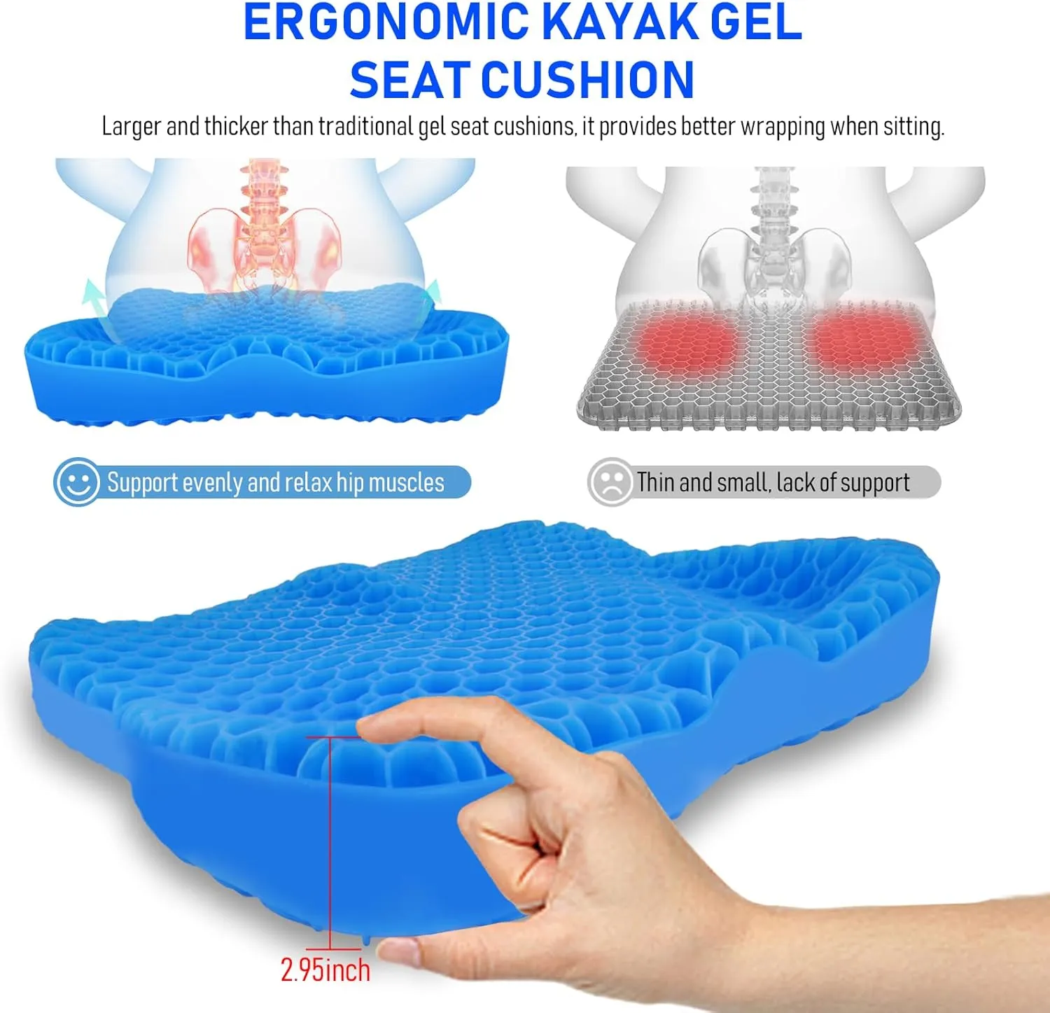 Kayak seat Cushion Waterproof Kayak seat Cushion Kayak Fishing Accessories Waterproof Gel Boat seat Cushion Anti Slip Coccyx Sciatica Relief Double-Layer Gel Cushion Design Thickened