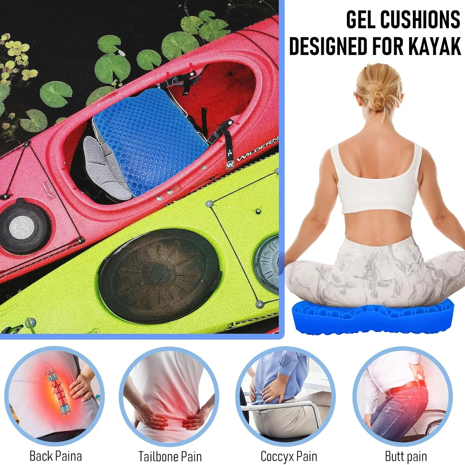 Kayak seat Cushion Waterproof Kayak seat Cushion Kayak Fishing Accessories Waterproof Gel Boat seat Cushion Anti Slip Coccyx Sciatica Relief Double-Layer Gel Cushion Design Thickened