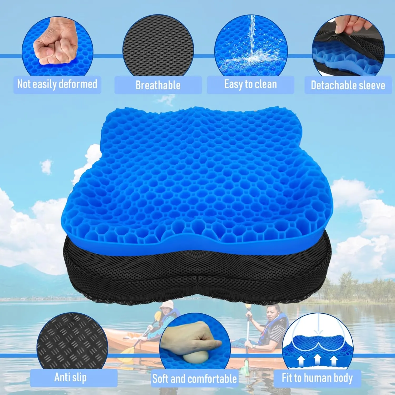 Kayak seat Cushion Waterproof Kayak seat Cushion Kayak Fishing Accessories Waterproof Gel Boat seat Cushion Anti Slip Coccyx Sciatica Relief Double-Layer Gel Cushion Design Thickened