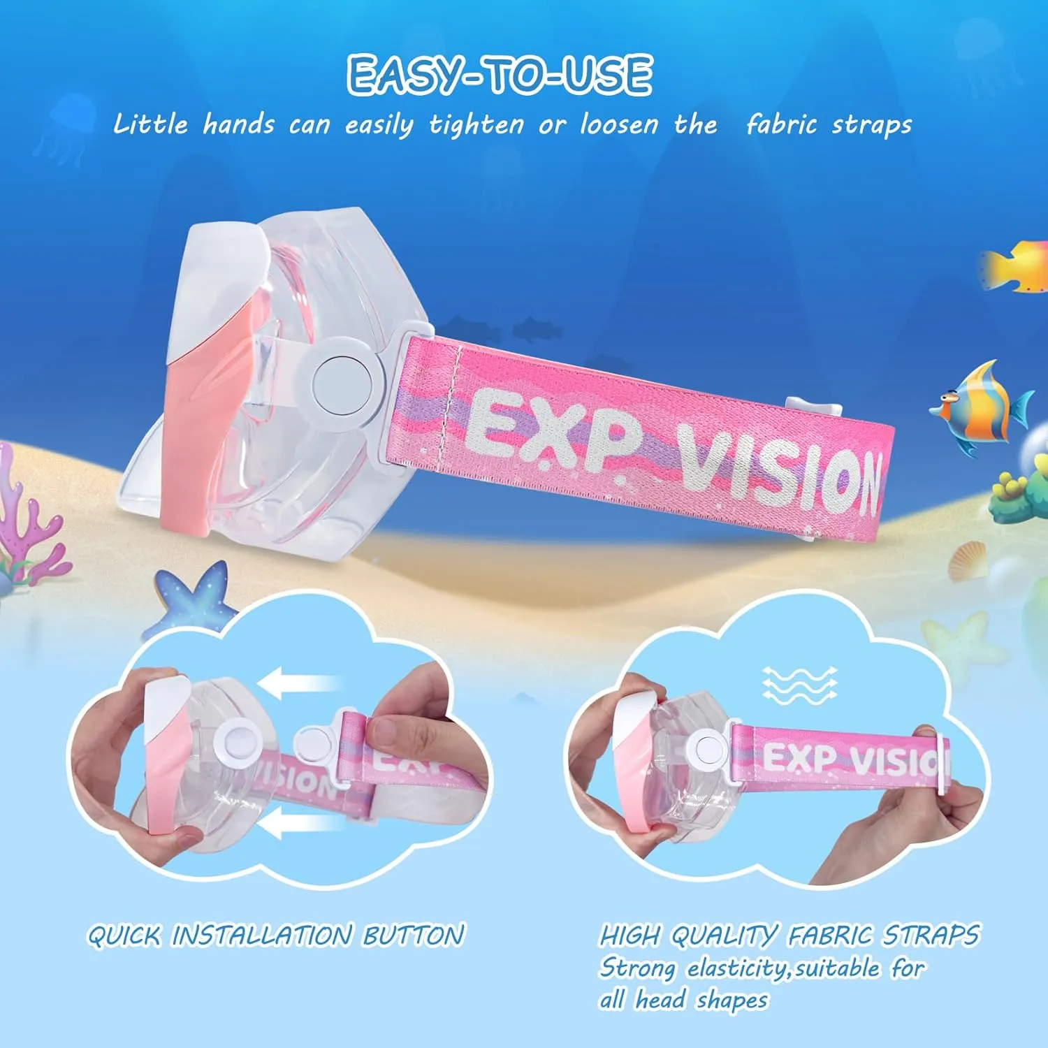 Kids Swim Mask - Ultimate 180° Kids Swim Goggles Anti-Fog Child Diving Mask Leak-Proof Kids Goggles with Nose Cover and Fabric Strap for Ages 4-14 for Swimming, Snorkeling Diving