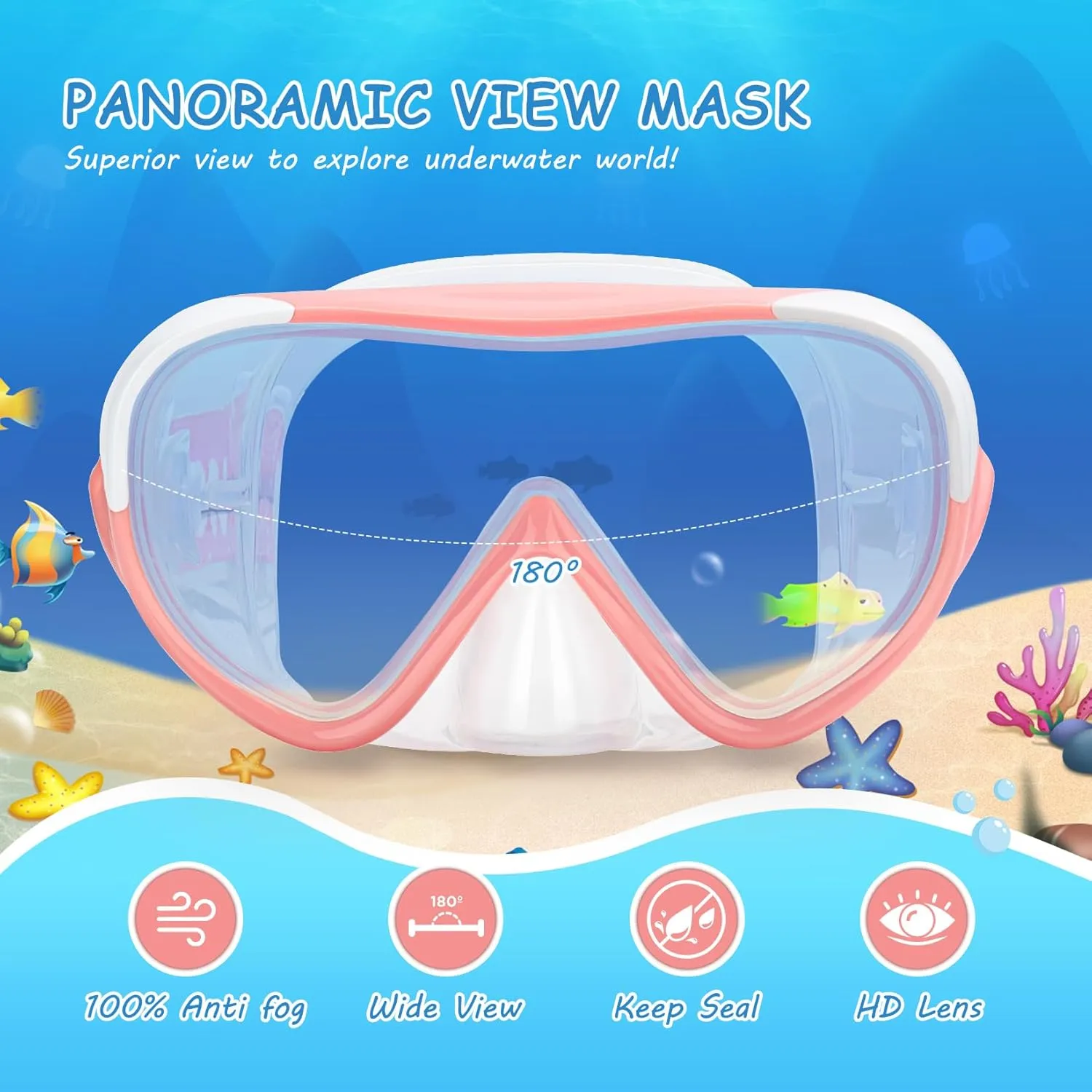 Kids Swim Mask - Ultimate 180° Kids Swim Goggles Anti-Fog Child Diving Mask Leak-Proof Kids Goggles with Nose Cover and Fabric Strap for Ages 4-14 for Swimming, Snorkeling Diving
