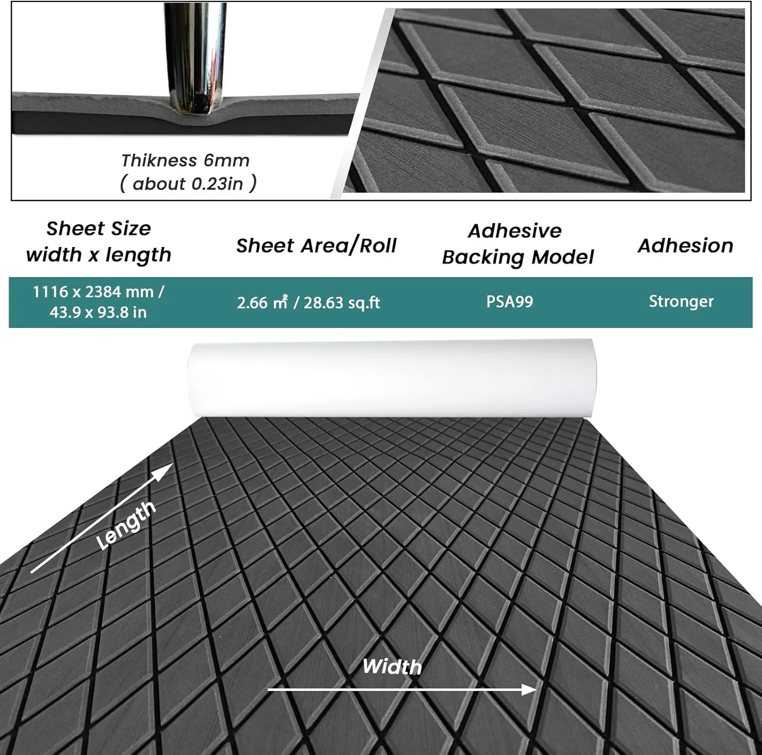 KXKZREN EVA Foam Boat Flooring Decking Sheet 6mm Thick Diamond Anti-Slip Marine Flooring Mat Self Adhesive Deck Pad for Bass Boat Yacht Motorboat RV Cooler Tops, 74.8"x27.6" / 93.8"x43.9"