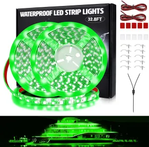 LED Boat Lights 32.8ft (2 Rolls of 16.4ft), LED Strip Lights, Waterproof Interior Light, Pontoon, Kayak, Cabin, Deck, Navigation Lights (Green)