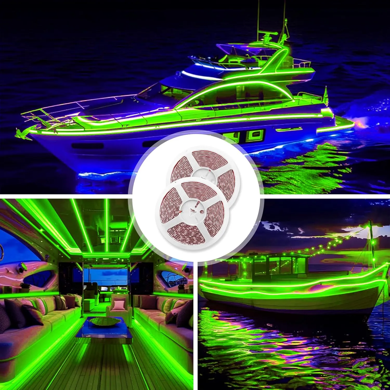 LED Boat Lights 32.8ft (2 Rolls of 16.4ft), LED Strip Lights, Waterproof Interior Light, Pontoon, Kayak, Cabin, Deck, Navigation Lights (Green)
