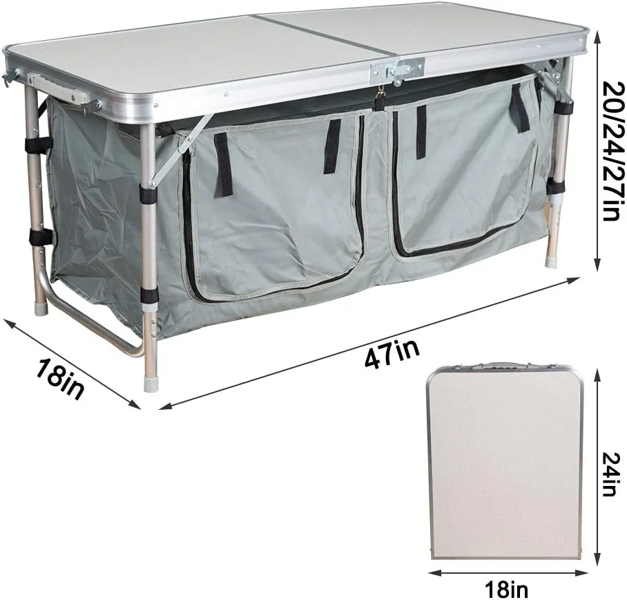 Lightweight Height Adjustable Foldable Camping Table with Large 2 Compartment Storage Bag for BBQ Party Camping Home Kitchen