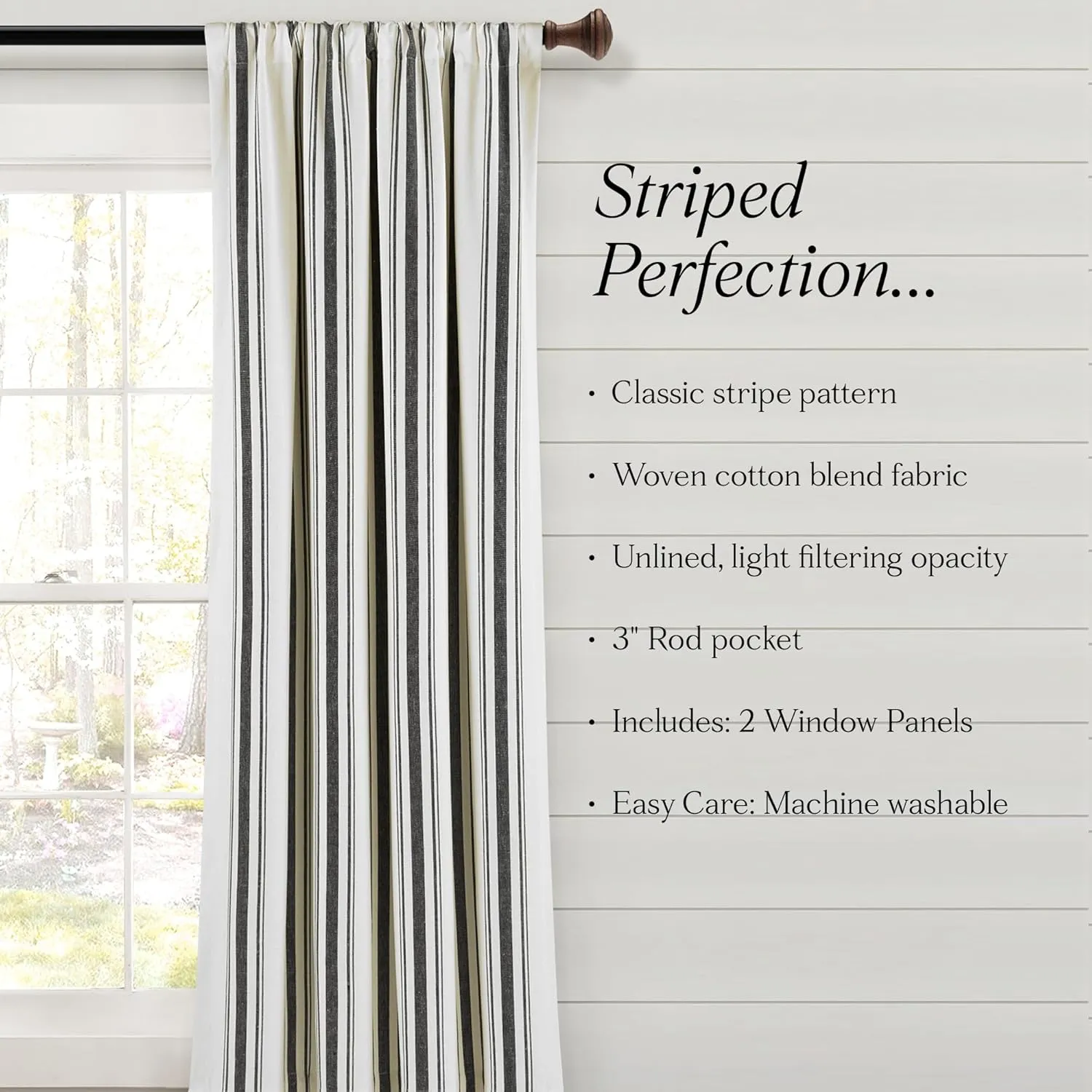 Lush Decor Farmhouse Stripe Yarn Dyed Eco-Friendly Recycled Cotton Blend Window Curtain Panel Pair, 42" W x 108" L, Black - Classic Modern Rustic Charm - Eco Friendly Cotton Fabric
