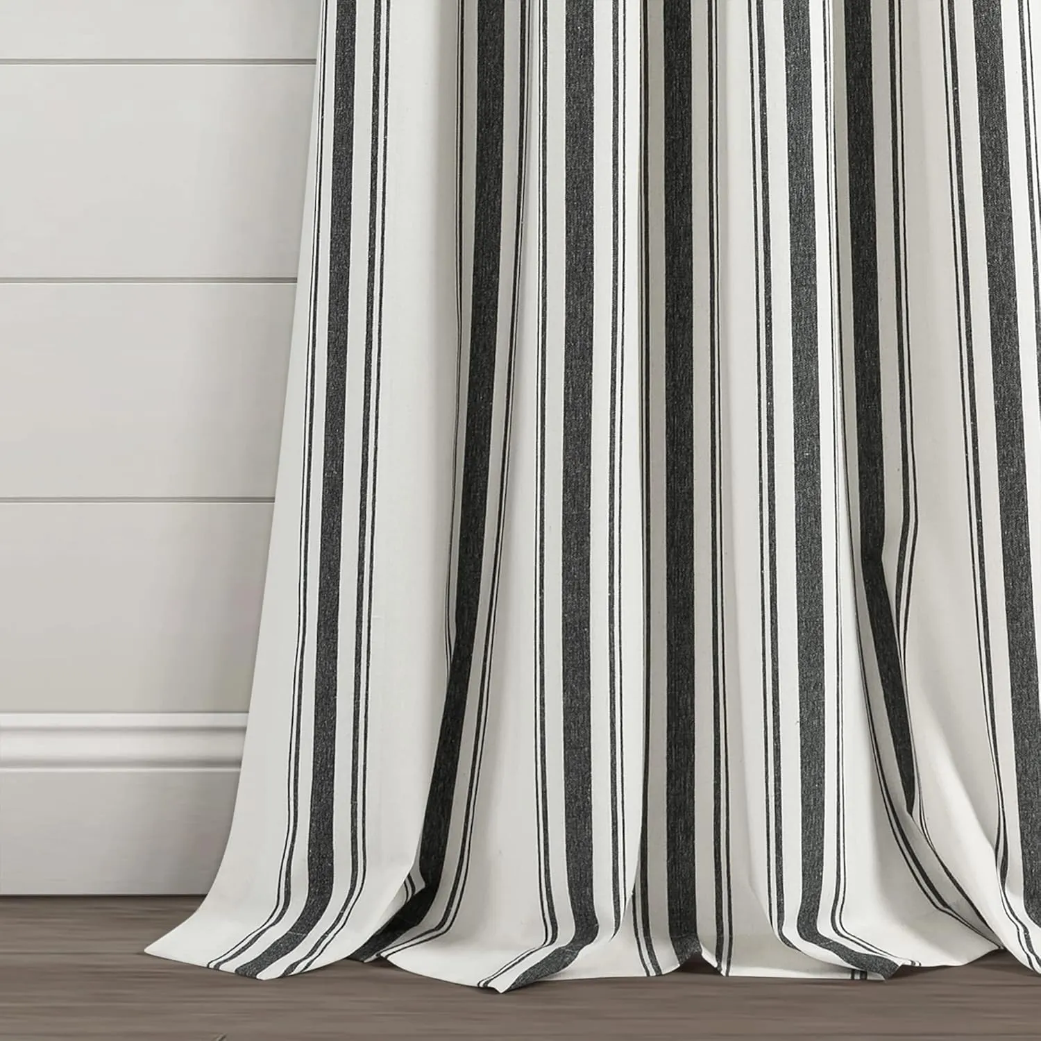 Lush Decor Farmhouse Stripe Yarn Dyed Eco-Friendly Recycled Cotton Blend Window Curtain Panel Pair, 42" W x 108" L, Black - Classic Modern Rustic Charm - Eco Friendly Cotton Fabric
