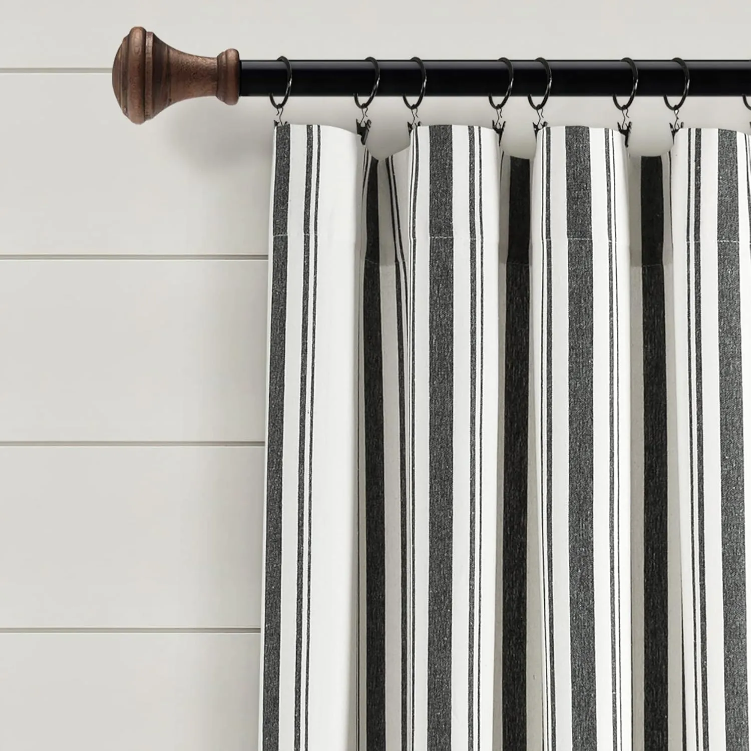 Lush Decor Farmhouse Stripe Yarn Dyed Eco-Friendly Recycled Cotton Blend Window Curtain Panel Pair, 42" W x 108" L, Black - Classic Modern Rustic Charm - Eco Friendly Cotton Fabric
