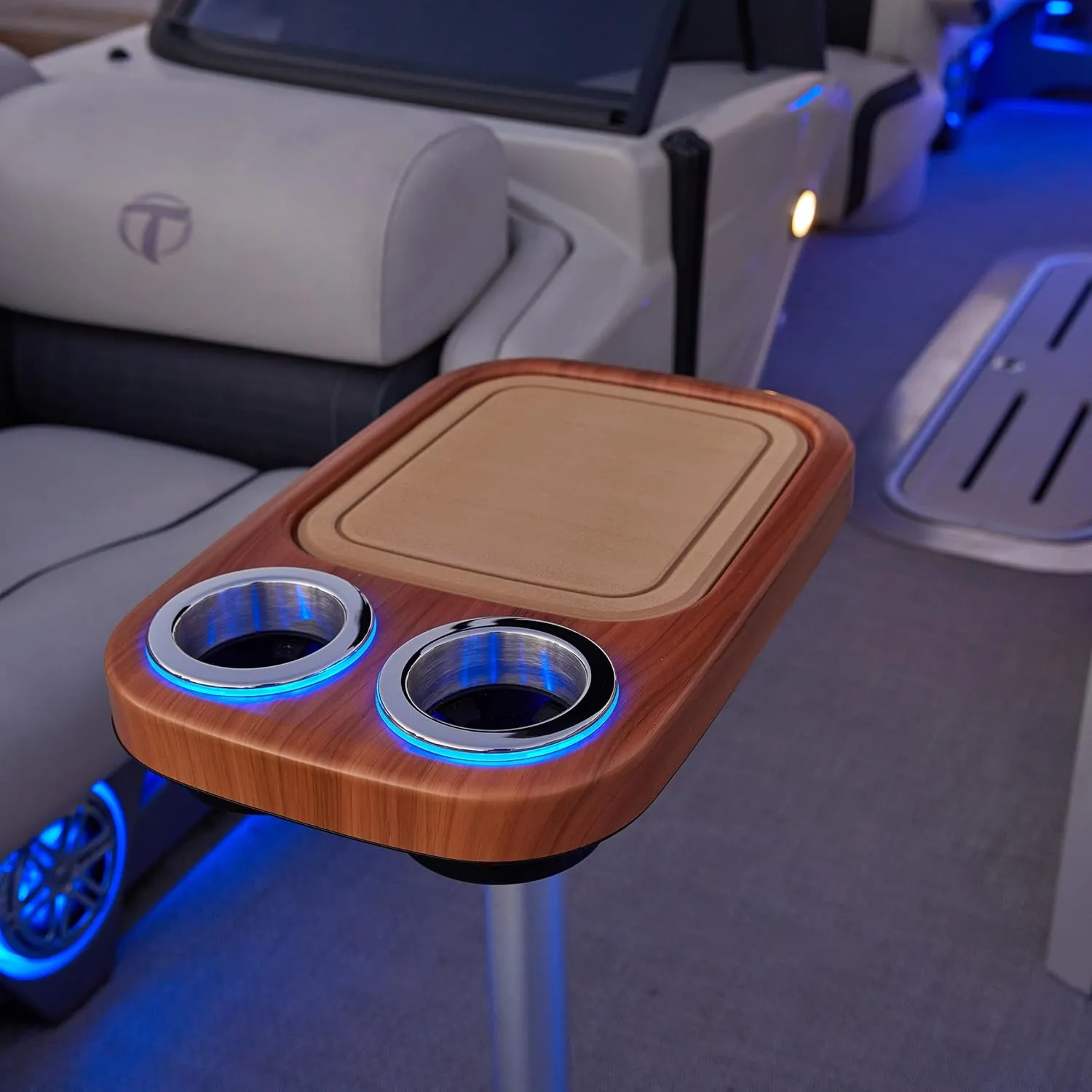 Manufacturers' Select Battery Op Lit Marine Cocktail Boat Table Leg Set with Blue LED Drink Holders Pontoon Accessories, Pedestal Table