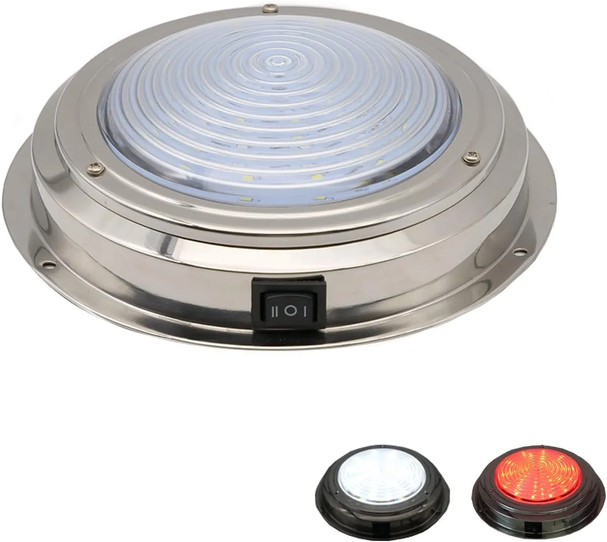 Marine Boat Dome Light, Dual Color 7" 12V Interior Cabin Lights, Built in Toggle Switch, Stainless Steel Surface Mount (White|Red)