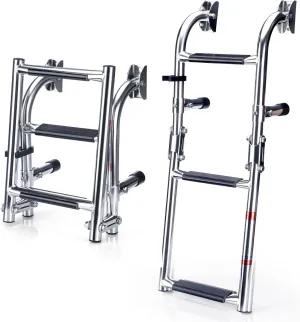 Marinebaby Stainless Steel Folding Boat Boarding Ladder for Pontoon,2 1 Steps Ladder Stern Mount W Rubber Grips,3 Steps Portable Folding Boat Ladder