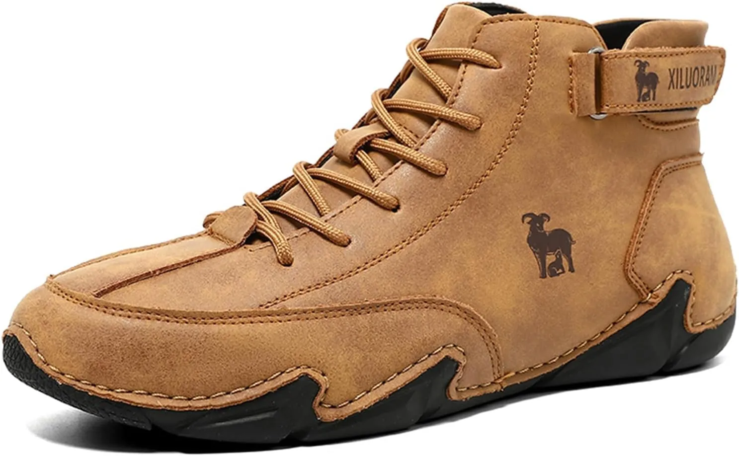 Men‘s Handmade High Top Leather Ankle Chukka Boots with Adjustable Strap Casual Non Slip Round Toe Slip On Boat Walking Driving Shoes