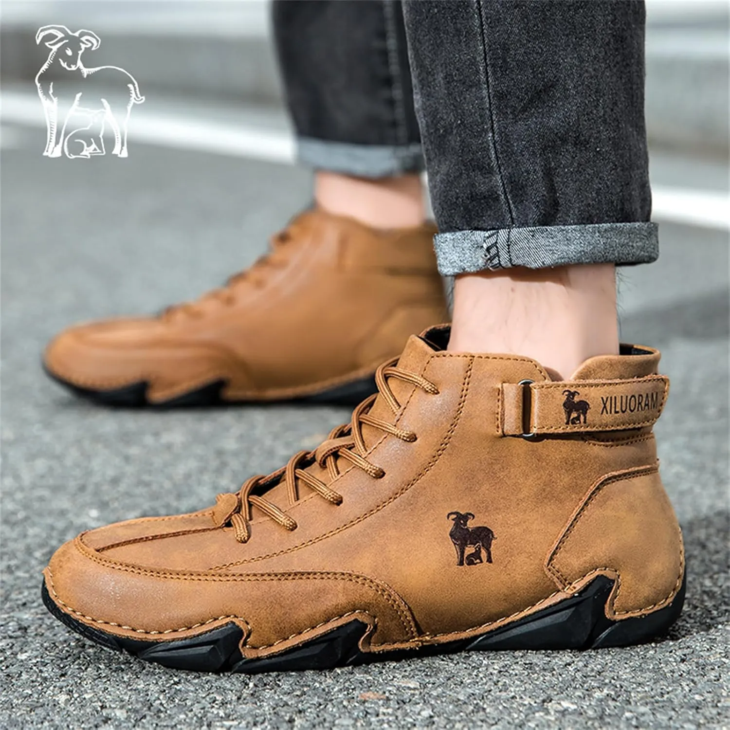 Men‘s Handmade High Top Leather Ankle Chukka Boots with Adjustable Strap Casual Non Slip Round Toe Slip On Boat Walking Driving Shoes