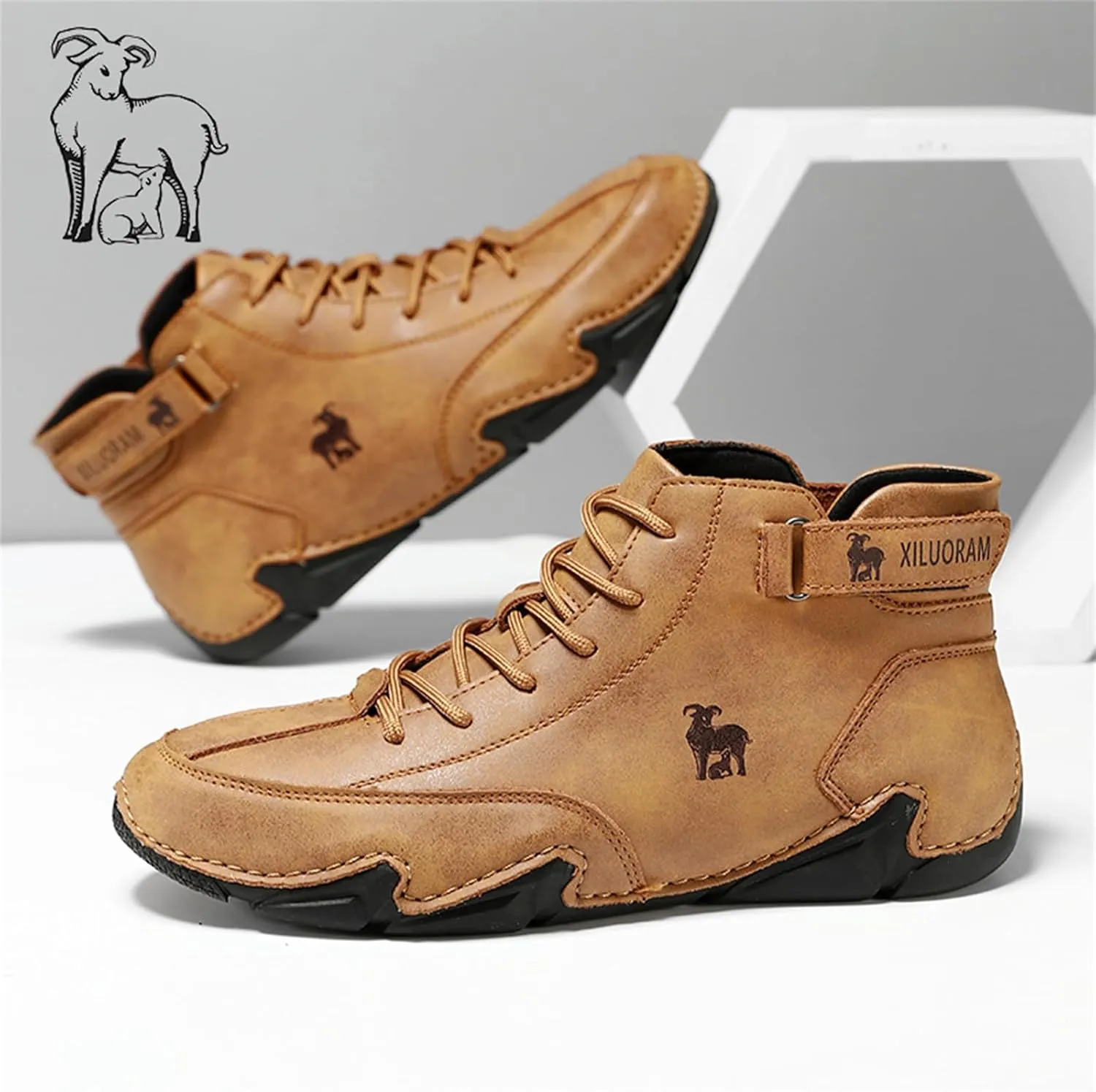 Men‘s Handmade High Top Leather Ankle Chukka Boots with Adjustable Strap Casual Non Slip Round Toe Slip On Boat Walking Driving Shoes