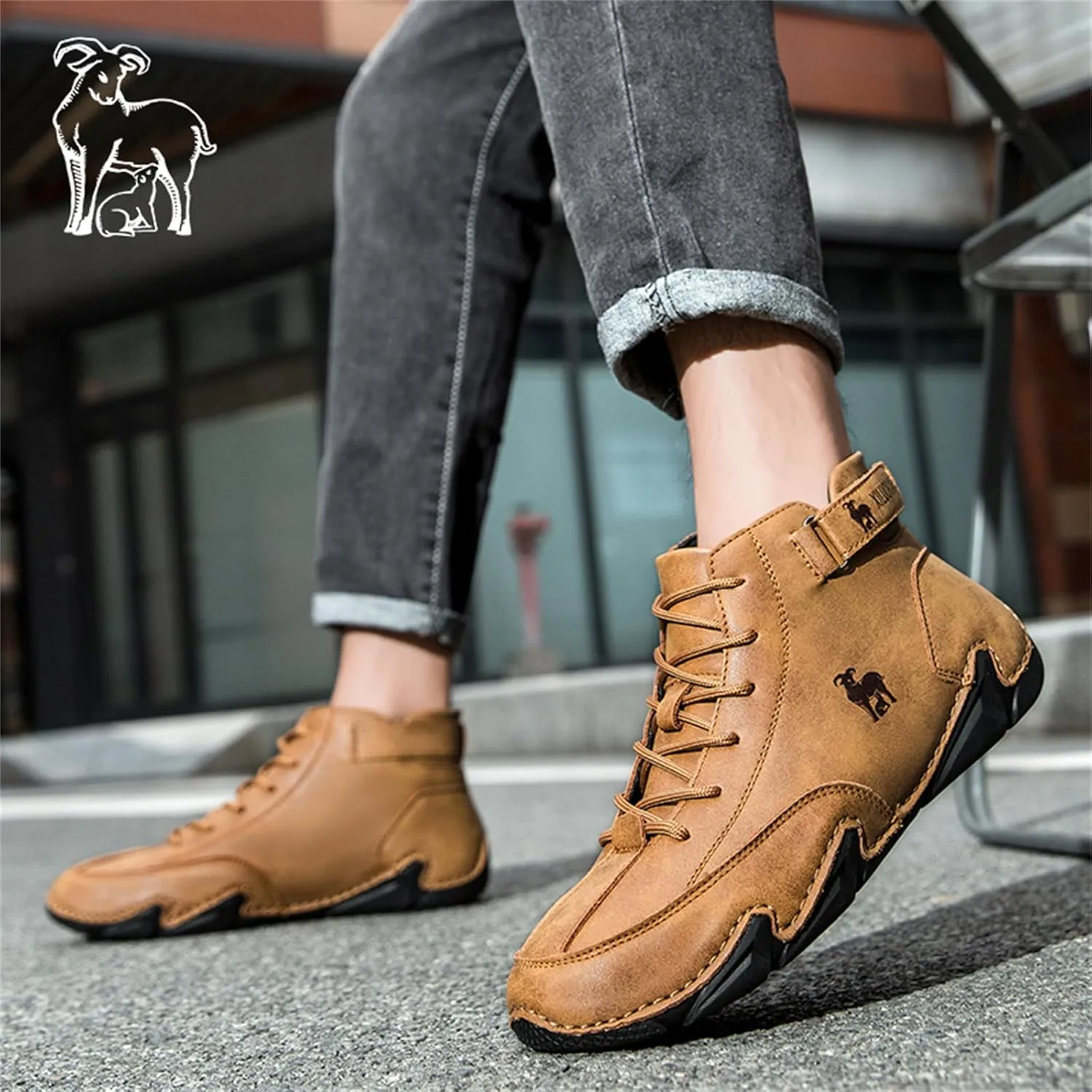 Men‘s Handmade High Top Leather Ankle Chukka Boots with Adjustable Strap Casual Non Slip Round Toe Slip On Boat Walking Driving Shoes