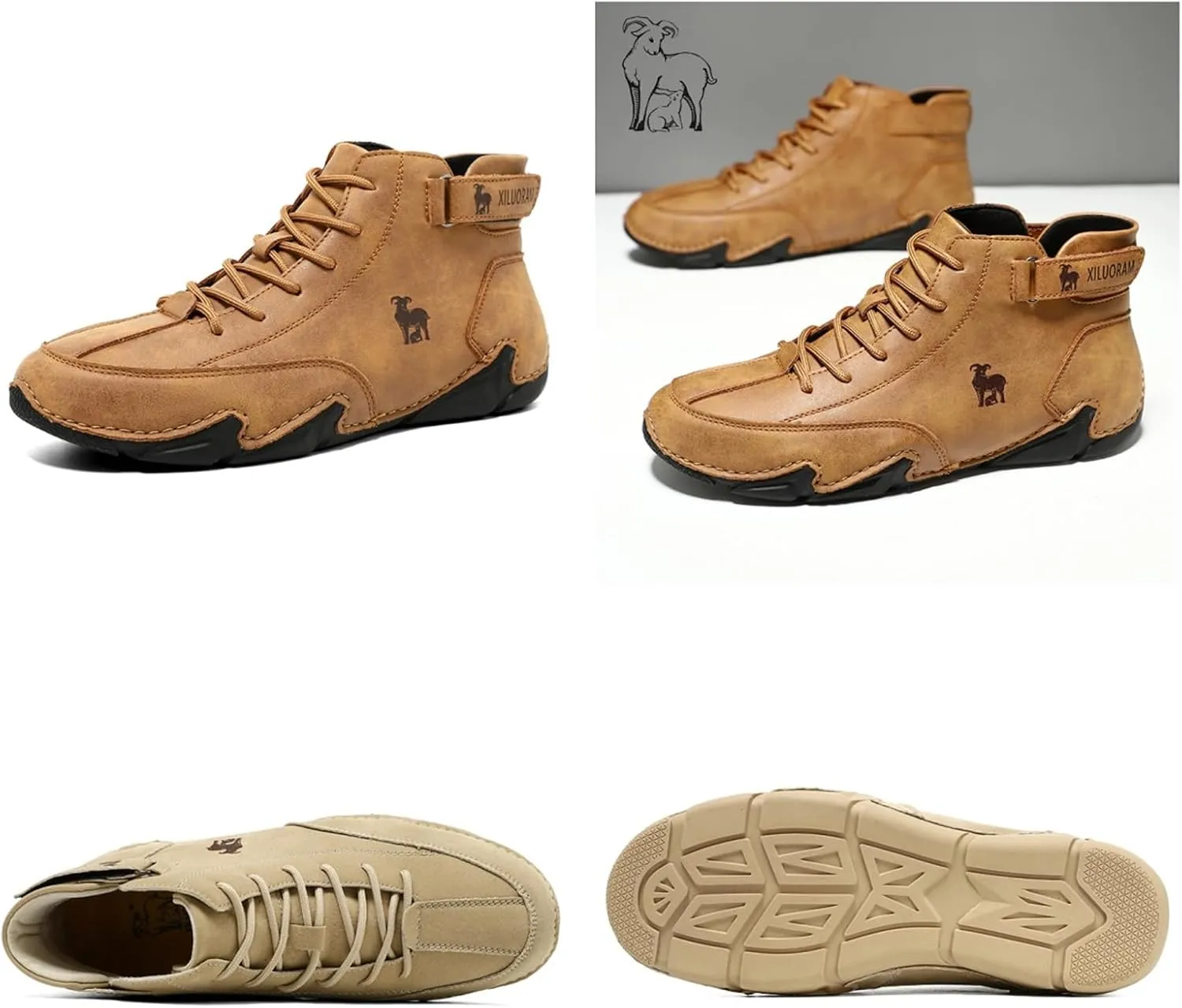 Men‘s Handmade High Top Leather Ankle Chukka Boots with Adjustable Strap Casual Non Slip Round Toe Slip On Boat Walking Driving Shoes