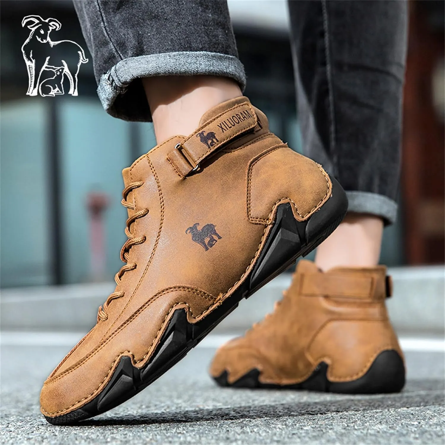 Men‘s Handmade High Top Leather Ankle Chukka Boots with Adjustable Strap Casual Non Slip Round Toe Slip On Boat Walking Driving Shoes