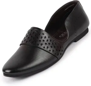 Men's Laser Cut Design Side Open Broad Feet Ethnic Party Slip On Shoes, Black, 6 UK