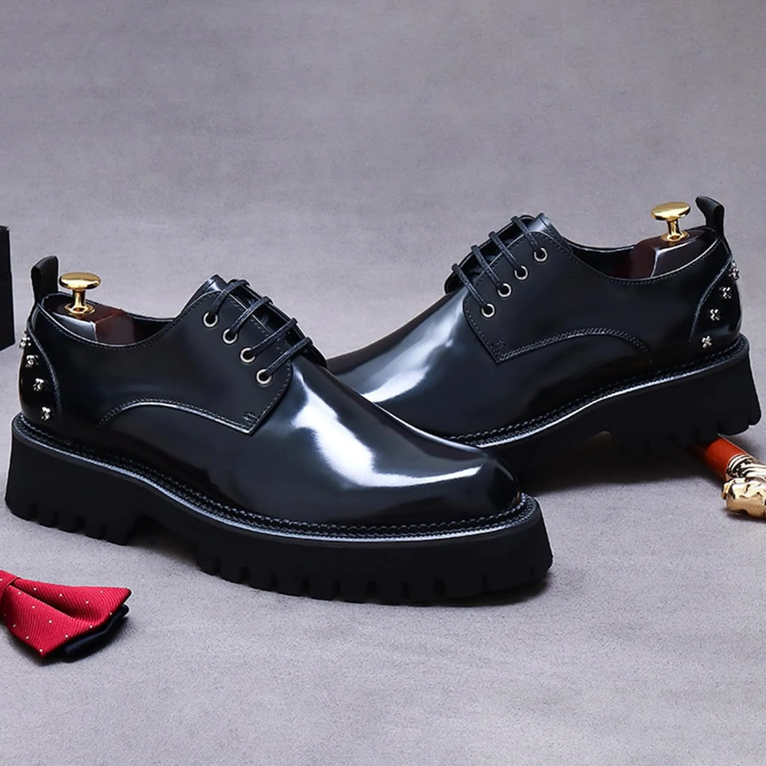 Mens Rivets Leather Shoes, Round-Toe Lace Up Derby Shoe, Fashion Heighten Work Shoe for Formal Wedding