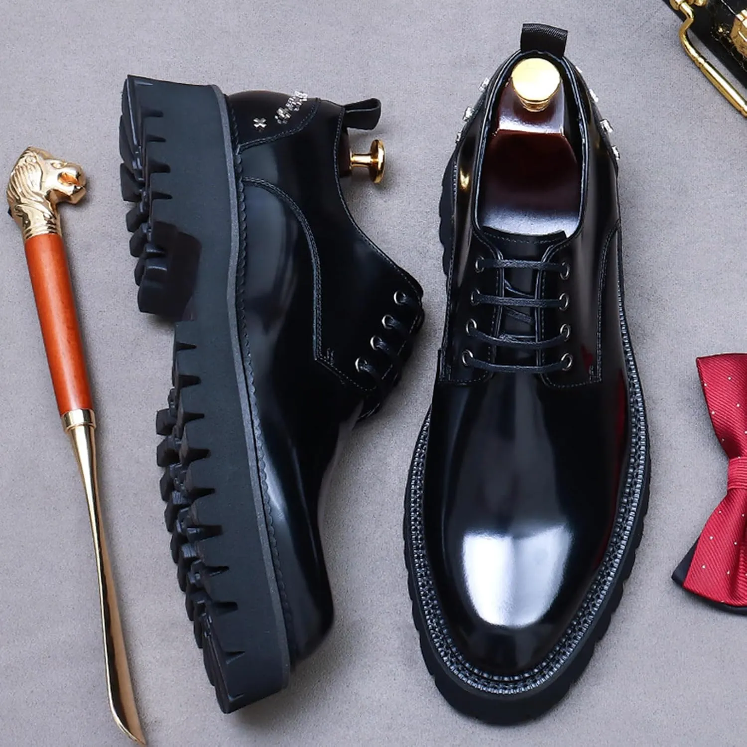 Mens Rivets Leather Shoes, Round-Toe Lace Up Derby Shoe, Fashion Heighten Work Shoe for Formal Wedding