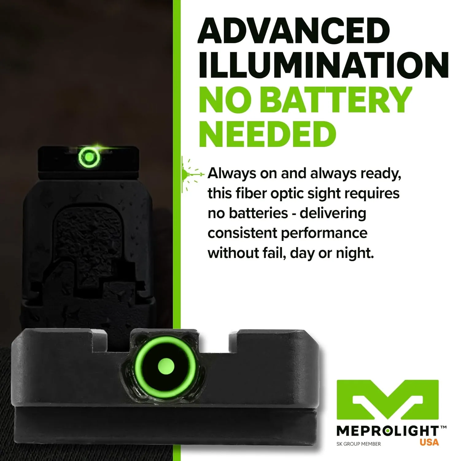 Meprolight Mepro FT Green Bullseye Rear Sight - Fiber-Optic Day/Night Sight, Tritium Powered Pistol Optic, No Battery Required, Fits Most Holsters