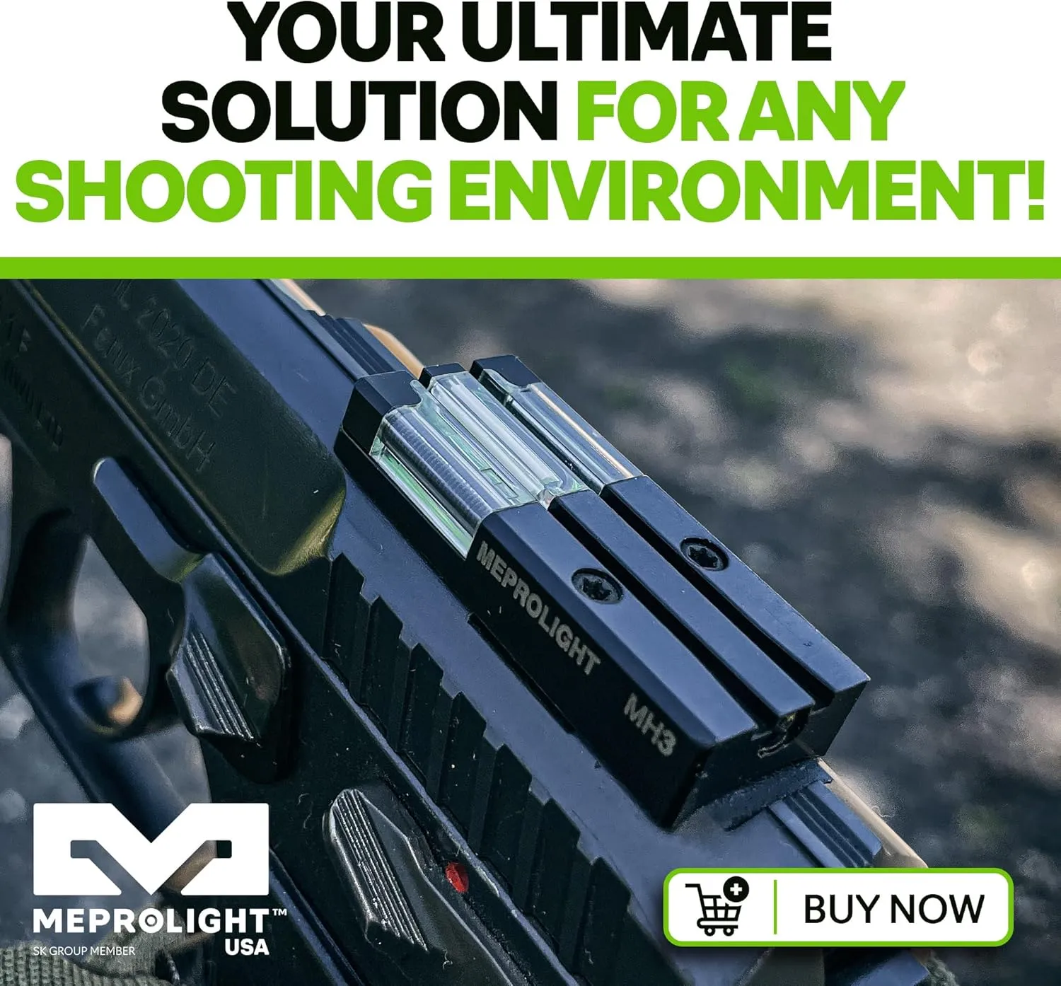 Meprolight Mepro FT Green Bullseye Rear Sight - Fiber-Optic Day/Night Sight, Tritium Powered Pistol Optic, No Battery Required, Fits Most Holsters
