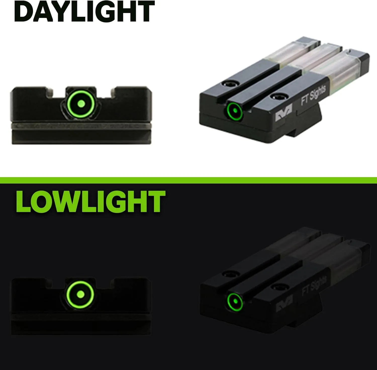 Meprolight Mepro FT Green Bullseye Rear Sight - Fiber-Optic Day/Night Sight, Tritium Powered Pistol Optic, No Battery Required, Fits Most Holsters
