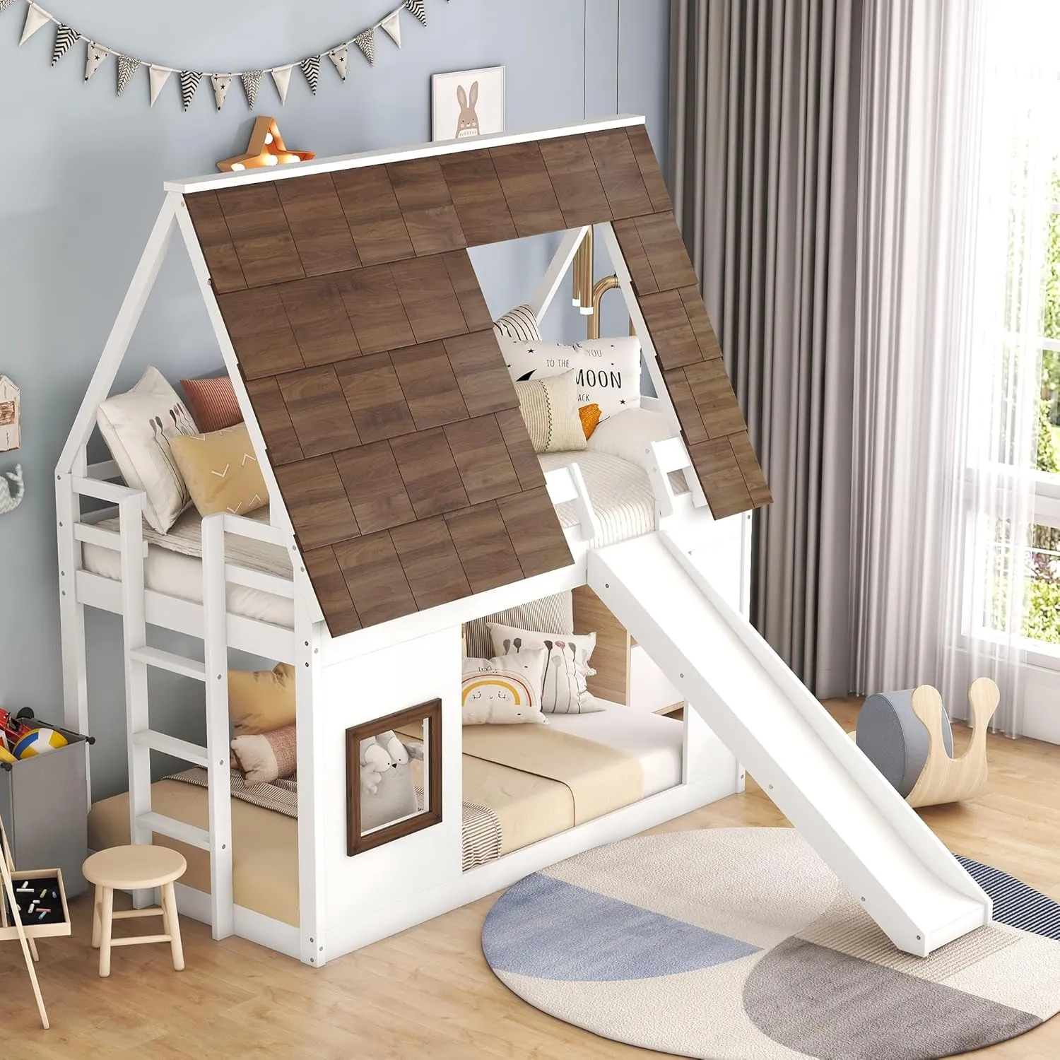 Merax Twin Over Twin House Bunk Bed Frame with Roof,Window,Ladder and Slide for Boys Girls, White & Brown