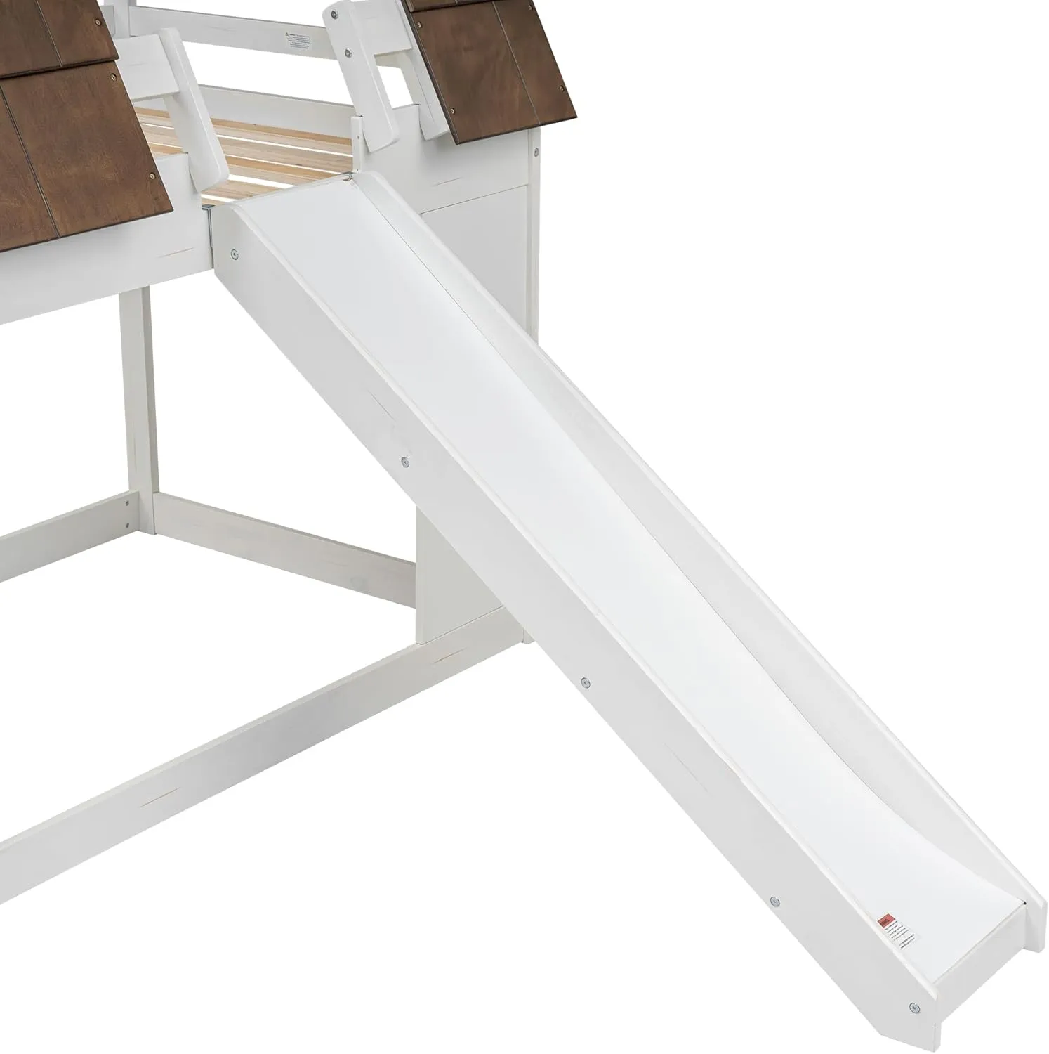 Merax Twin Over Twin House Bunk Bed Frame with Roof,Window,Ladder and Slide for Boys Girls, White & Brown
