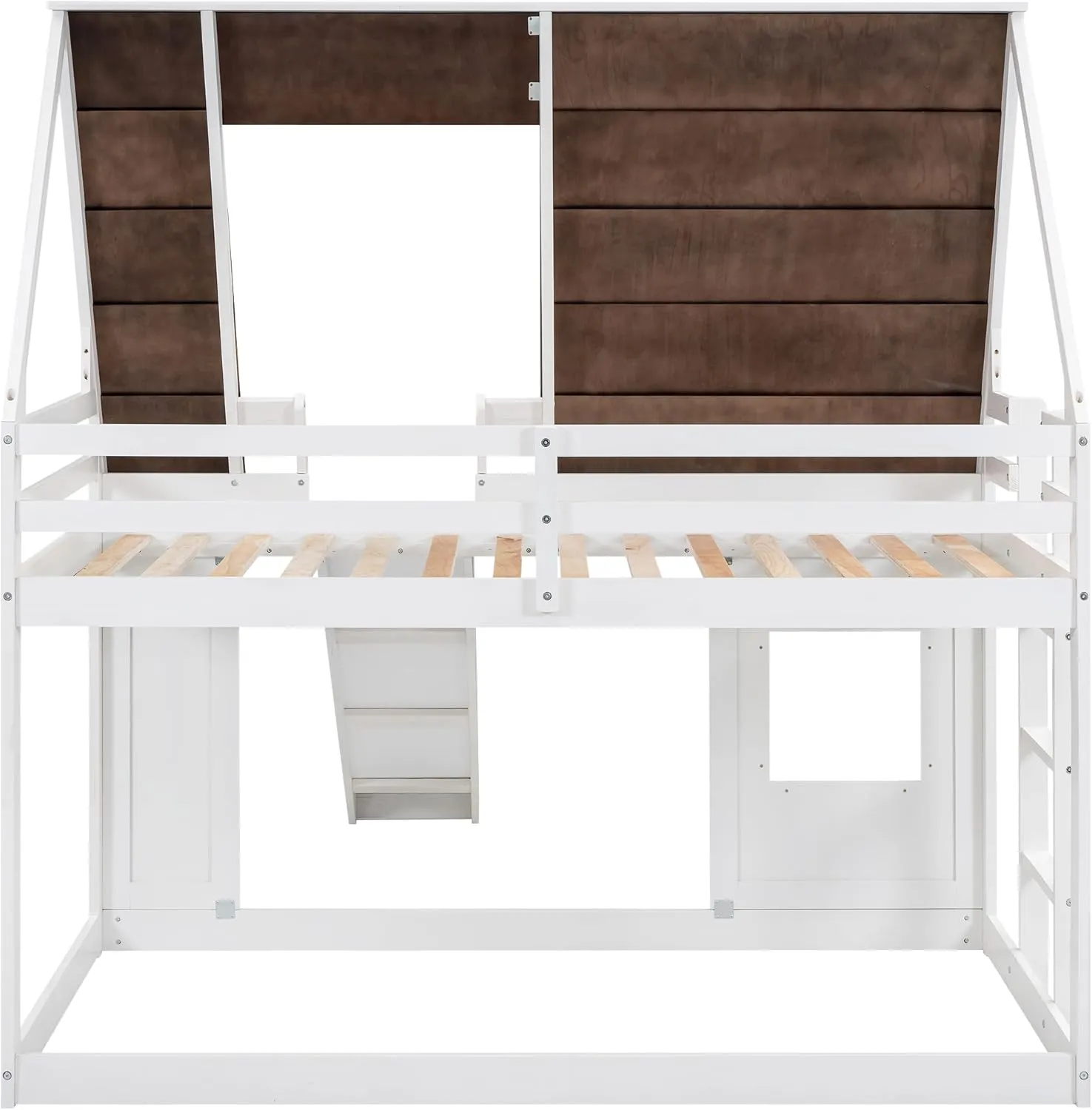 Merax Twin Over Twin House Bunk Bed Frame with Roof,Window,Ladder and Slide for Boys Girls, White & Brown