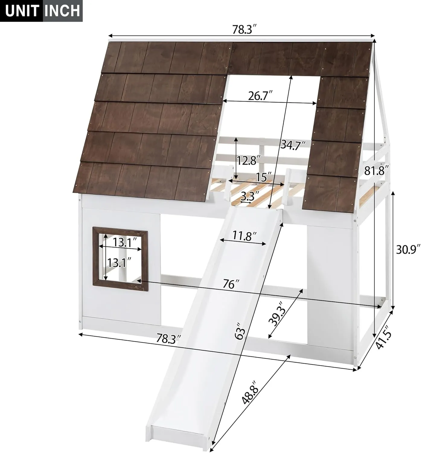 Merax Twin Over Twin House Bunk Bed Frame with Roof,Window,Ladder and Slide for Boys Girls, White & Brown