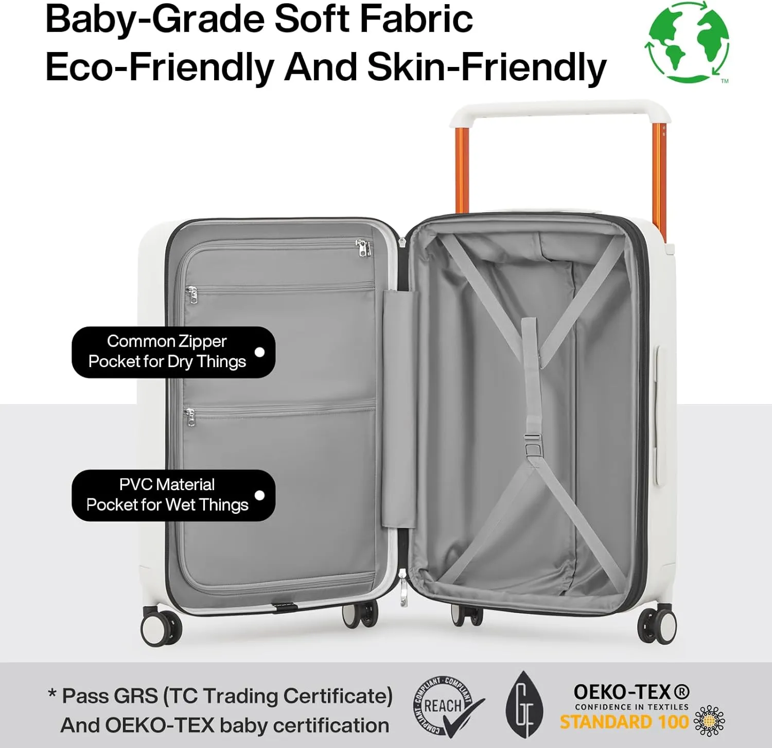 mixi Large Capacity Expandable Carry On Luggage Airline Approved 20'' Lightweight Luggage Wide Handle PC Hardshell Suitcases with Spinner Wheels & TSA Lock, Smoke White