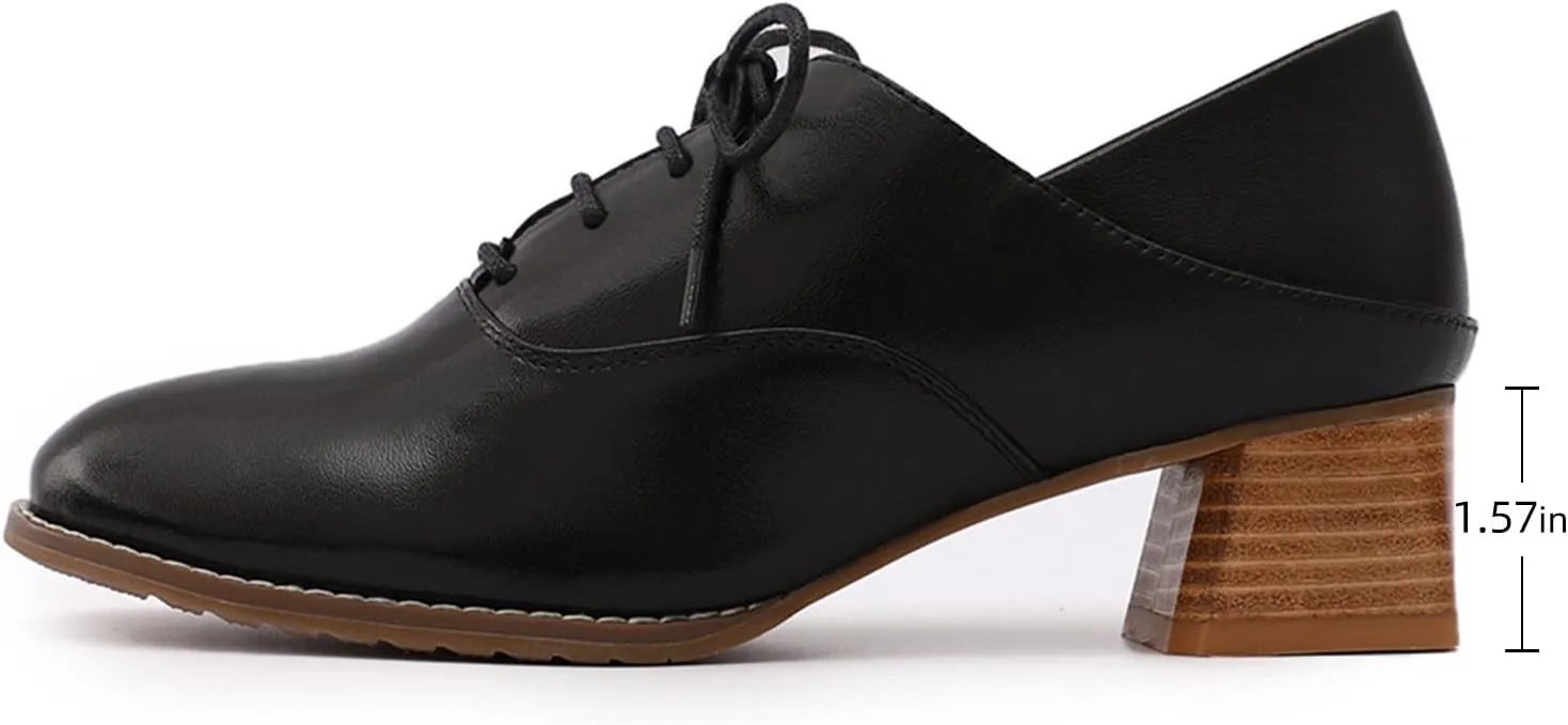 Mona flying Women's Leather Mid Chunky Heel Oxfords Lace up Dress Pumps Shoes for Ladies