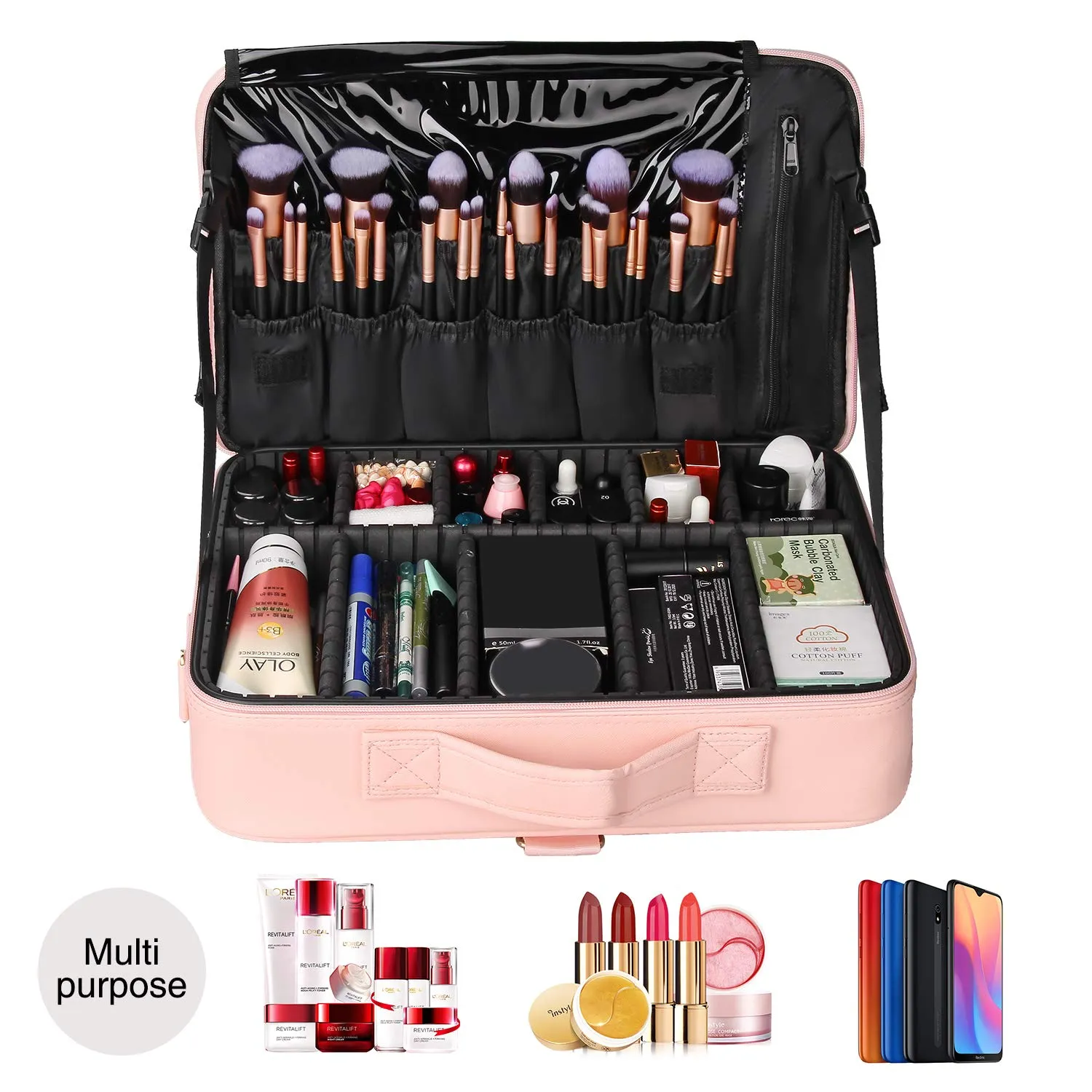 MONSTINA Cosmetic Bags 3 Layer Cosmetic Organizer Makeup Case Beauty Artist Storage Brush Box with Shoulder Strap (Large, PU Leather pink)