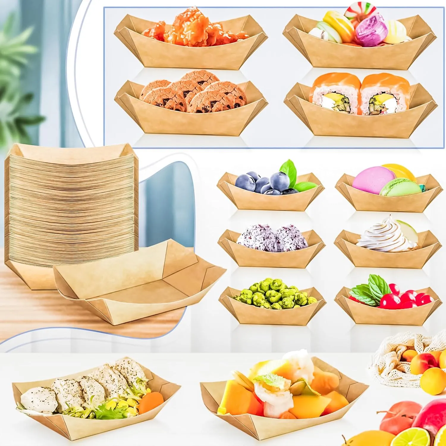 MotBach 300 Pack 1/2Lb Paper Food Boat Trays Disposable Small Paper Boats Plates Containers, 0.5Lb Mini Kraft Food Serving Boat Tray Bowl for Snack Taco Dessert Popcorn BBQ Sauce Fries Nacho