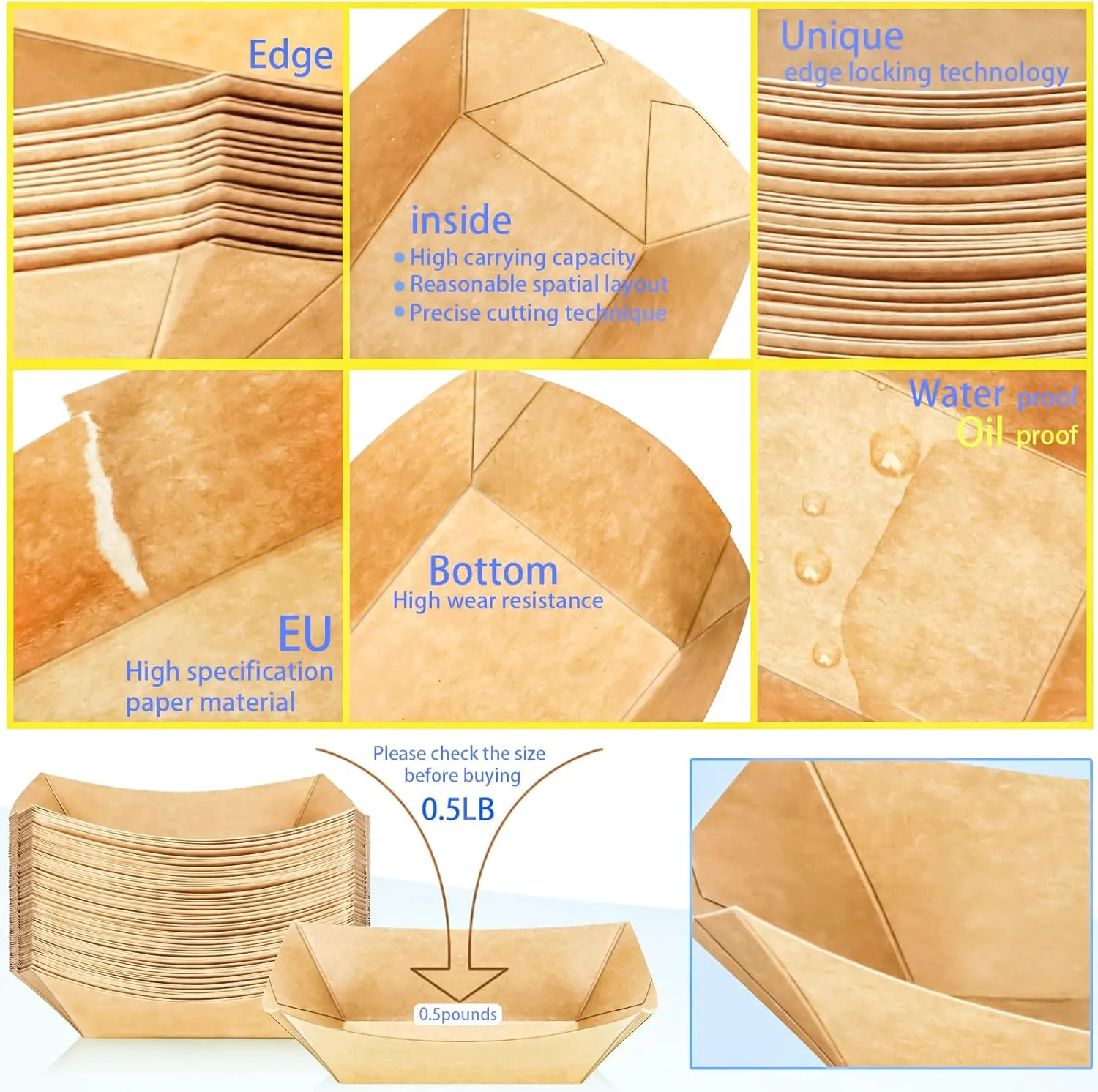 MotBach 300 Pack 1/2Lb Paper Food Boat Trays Disposable Small Paper Boats Plates Containers, 0.5Lb Mini Kraft Food Serving Boat Tray Bowl for Snack Taco Dessert Popcorn BBQ Sauce Fries Nacho