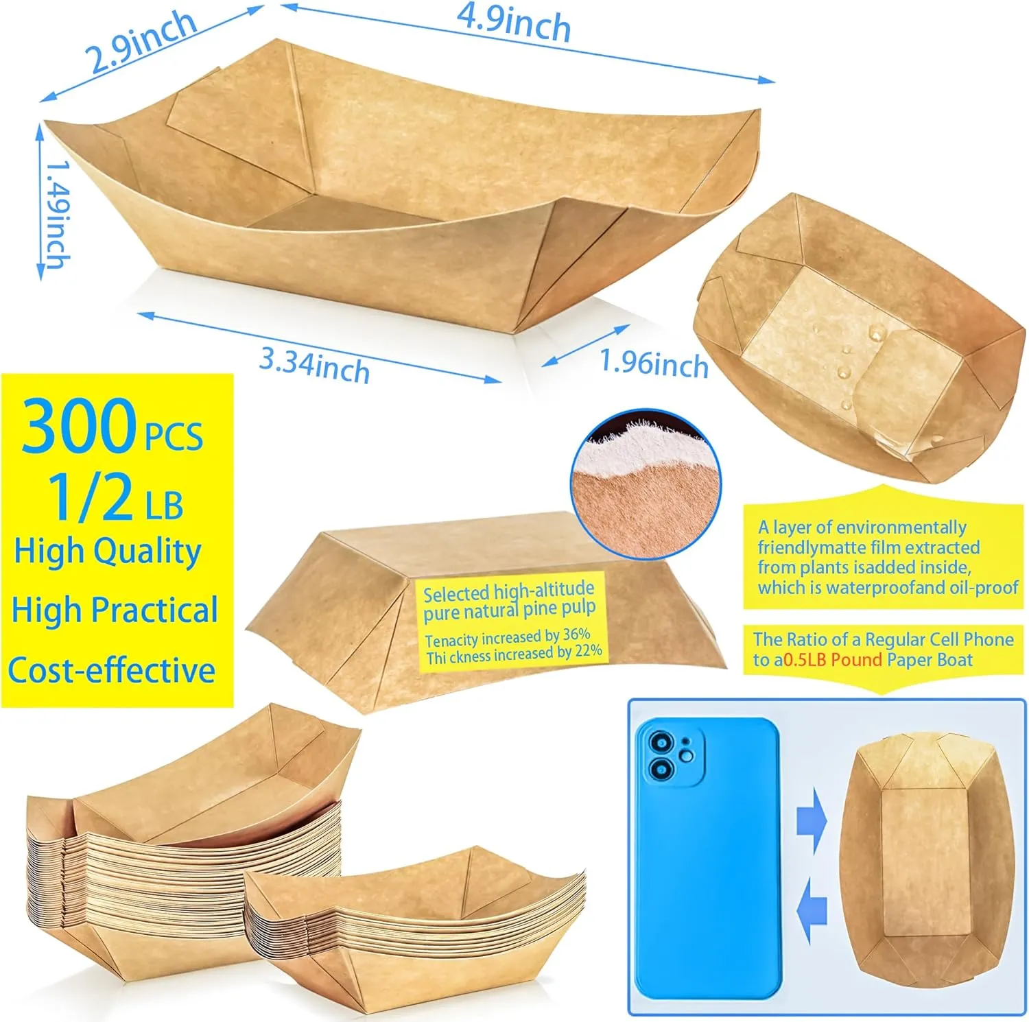MotBach 300 Pack 1/2Lb Paper Food Boat Trays Disposable Small Paper Boats Plates Containers, 0.5Lb Mini Kraft Food Serving Boat Tray Bowl for Snack Taco Dessert Popcorn BBQ Sauce Fries Nacho