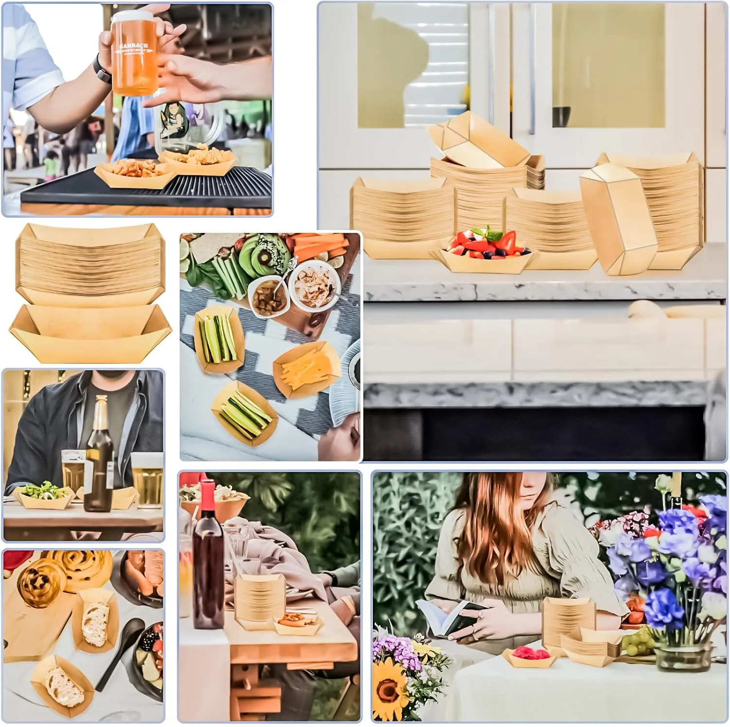 MotBach 300 Pack 1/2Lb Paper Food Boat Trays Disposable Small Paper Boats Plates Containers, 0.5Lb Mini Kraft Food Serving Boat Tray Bowl for Snack Taco Dessert Popcorn BBQ Sauce Fries Nacho