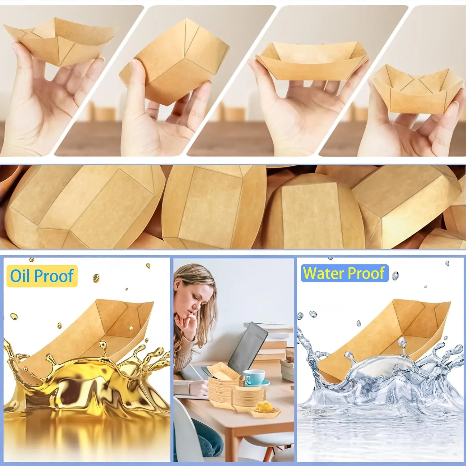 MotBach 300 Pack 1/2Lb Paper Food Boat Trays Disposable Small Paper Boats Plates Containers, 0.5Lb Mini Kraft Food Serving Boat Tray Bowl for Snack Taco Dessert Popcorn BBQ Sauce Fries Nacho