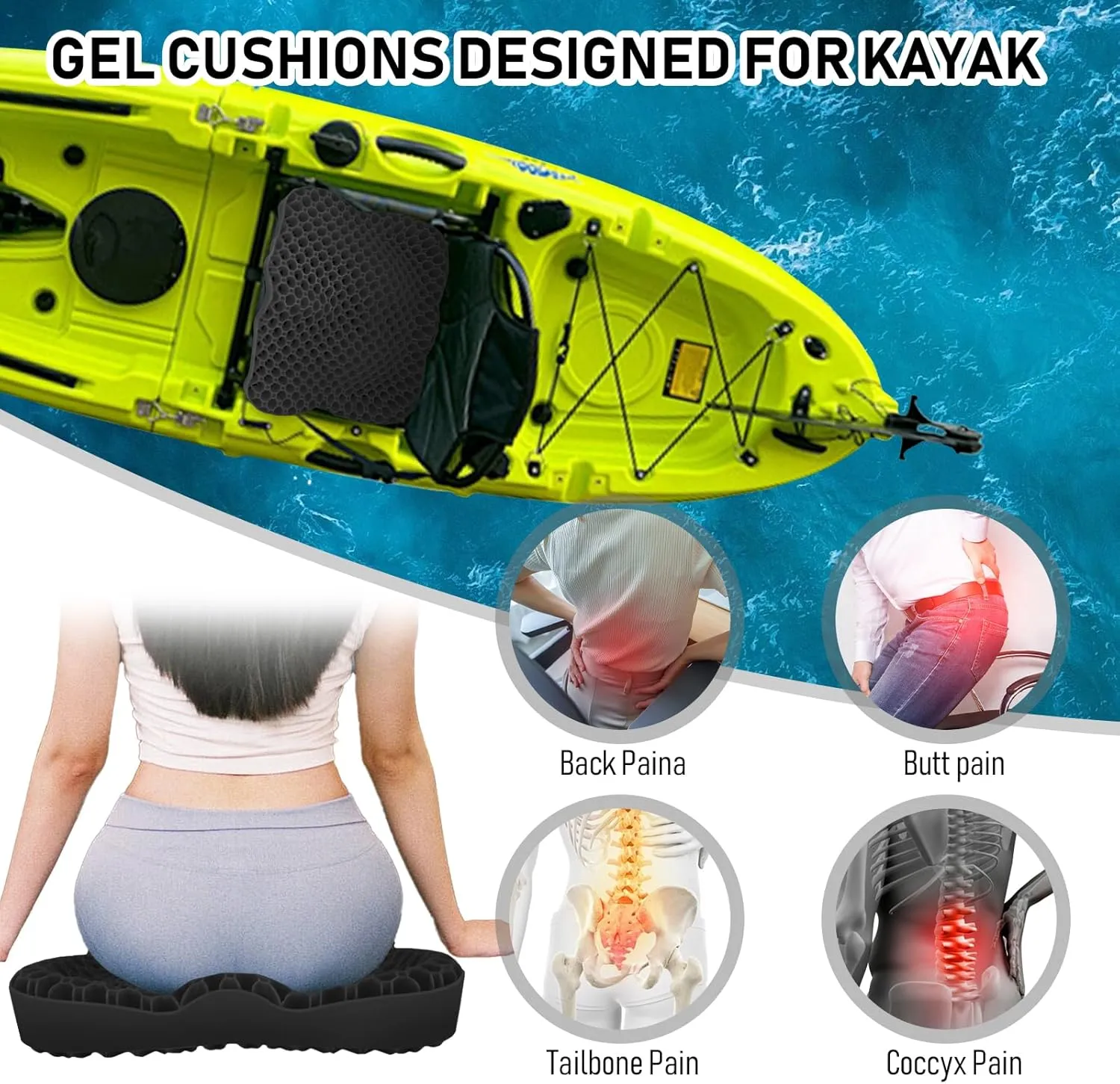 NEW-Vi Anti-Slip Kayak Seat Cushion - Double Thicken Gel Boat Cushion, Waterproof Kayak Gel Seat Cushion, Coccyx Sciatica Pain Relief, Kayak Accessories for Fishing, Kayak Fishing Accessories