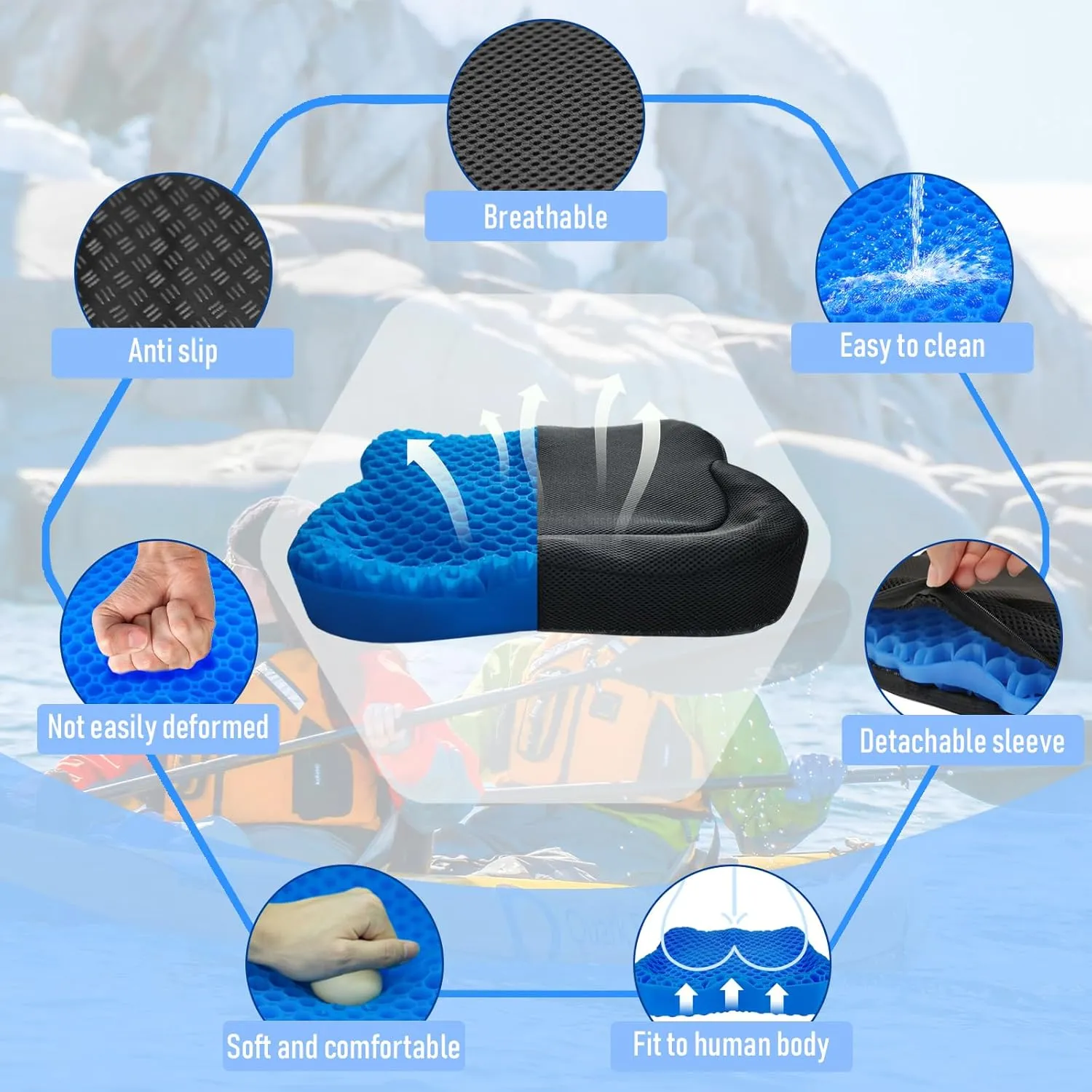 NEW-Vi Anti-Slip Kayak Seat Cushion - Double Thicken Gel Boat Cushion, Waterproof Kayak Gel Seat Cushion, Coccyx Sciatica Pain Relief, Kayak Accessories for Fishing, Kayak Fishing Accessories