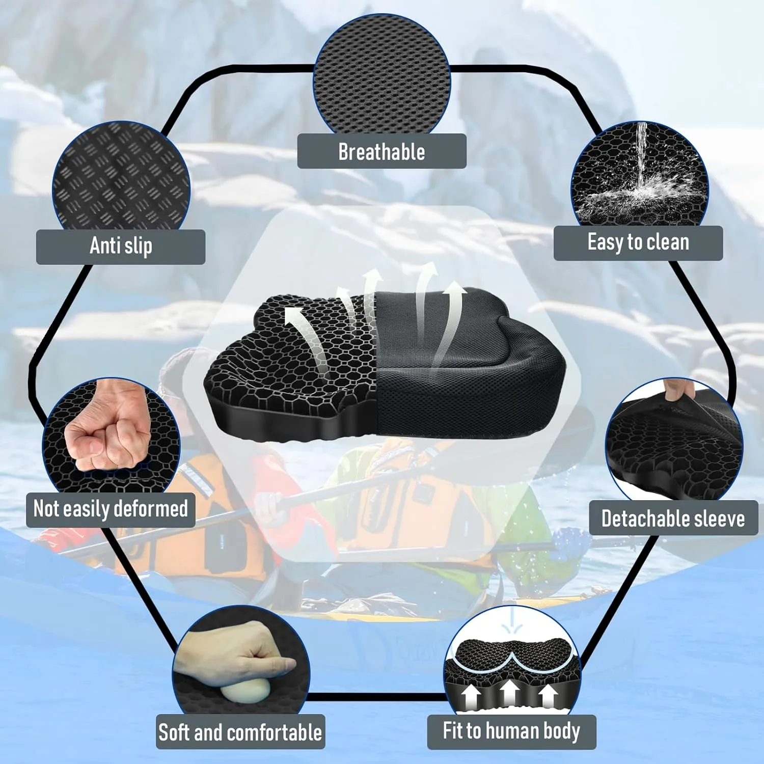 NEW-Vi Anti-Slip Kayak Seat Cushion - Double Thicken Gel Boat Cushion, Waterproof Kayak Gel Seat Cushion, Coccyx Sciatica Pain Relief, Kayak Accessories for Fishing, Kayak Fishing Accessories