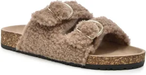 Nicole Miller Betsy Fuzzy Slide Sandals for Women- Comfortable Insole Slip-On Cork Slide Sandals with Adjustable Straps, Women's Sandals with Faux Fur