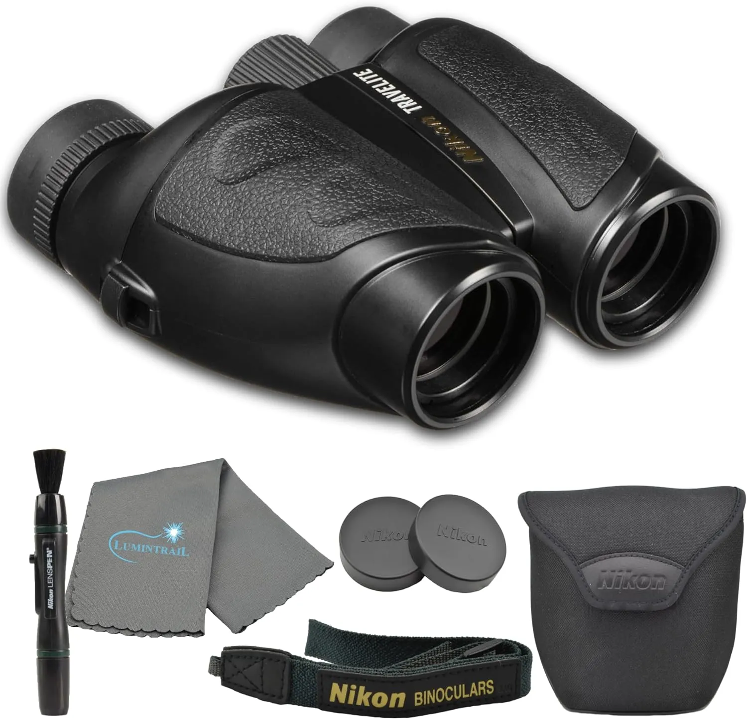 Nikon Travelite 12x25 Binoculars (7279) Travel Bundle - Black With Lens Pen, Carry Case, and Lens Cloth - High Powered Compact for Adults - Bird Watching, Hunting, Hiking