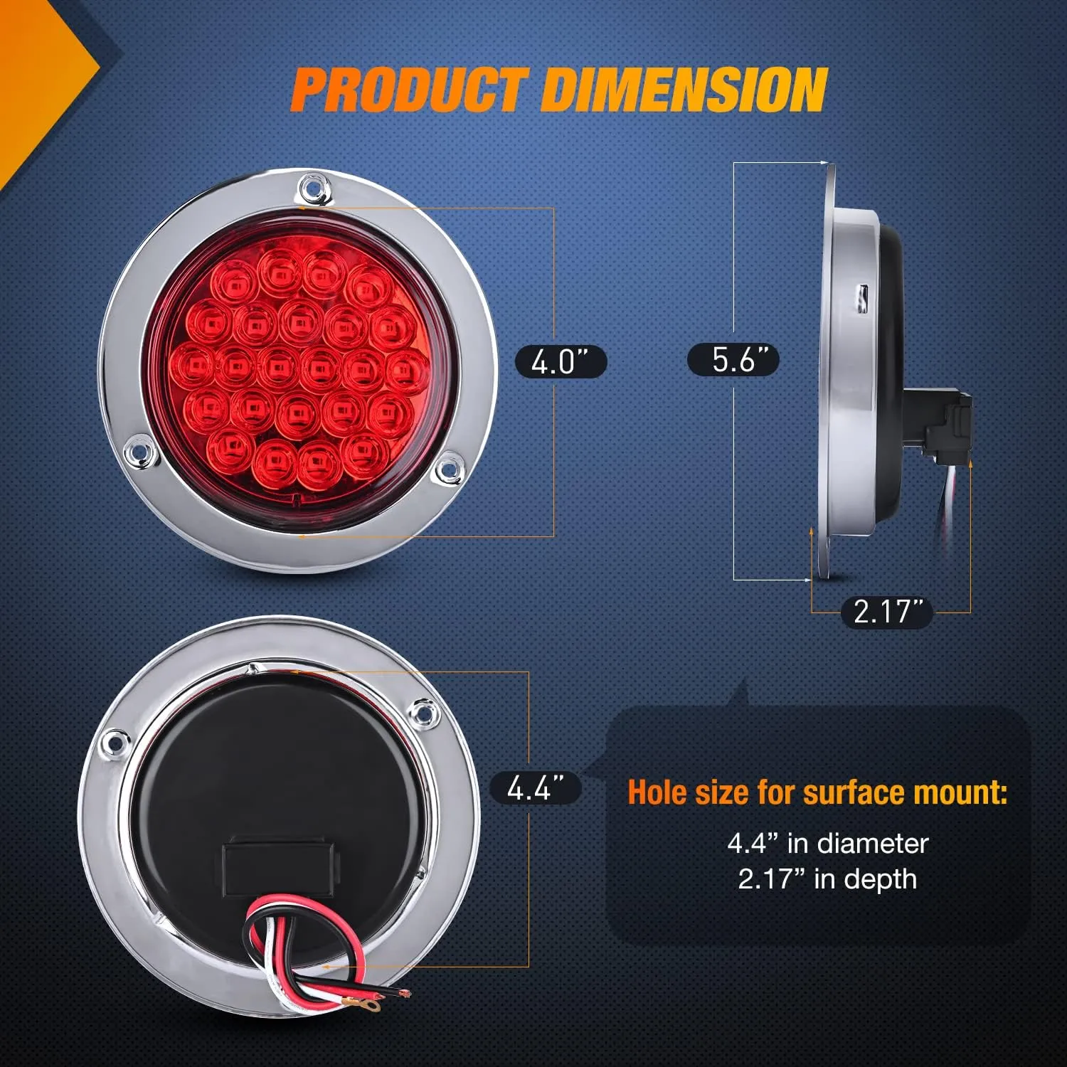 Nilight 4" Round Trailer Tail Light 2PCS 24LED Red Stainless Steel Chrome Bezel Waterproof Stop Brake Turn Lights for Truck Van Camper Boat Lorry
