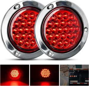 Nilight 4" Round Trailer Tail Light 2PCS 24LED Red Stainless Steel Chrome Bezel Waterproof Stop Brake Turn Lights for Truck Van Camper Boat Lorry
