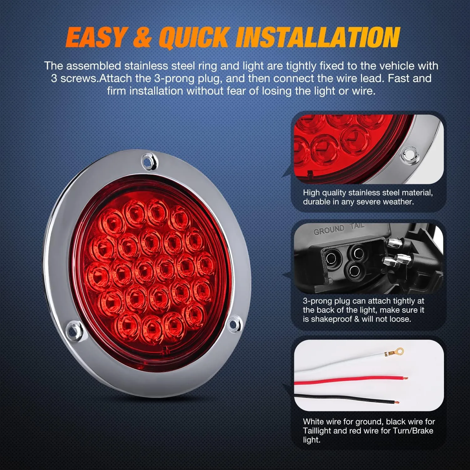Nilight 4" Round Trailer Tail Light 2PCS 24LED Red Stainless Steel Chrome Bezel Waterproof Stop Brake Turn Lights for Truck Van Camper Boat Lorry