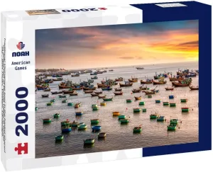 Noah Jigsaw Puzzle Traditional Vietnamese Boat in The Basket Shaped on Fishing Port at Fishing Village in Sunset Sky, Binh Thuan, Vietnam 2000 Pieces