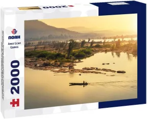 Noah Jigsaw Puzzle Wooden Fishing Boat Sailing in Mekong River on Sunrise at khongjiam District of Thailand Border of Thailand and Laos 2000 Pieces